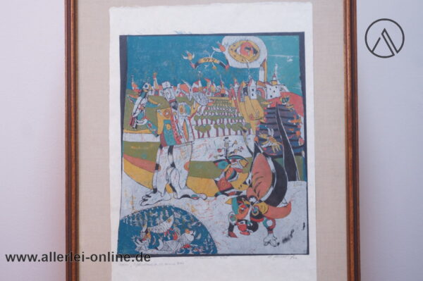 Werner Borsdorf Farb-Holzschnitt 4/15 | Die Jagd oder Offenbach a.M. anno 977 | W.Borsdorf Signiert ,gerahmt 67 x 87 cm