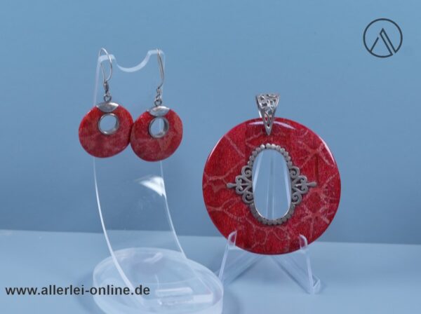 Korallen Set - Silberanhänger mit Ohrringen | 925 Sterling Silber | Silberschmuck