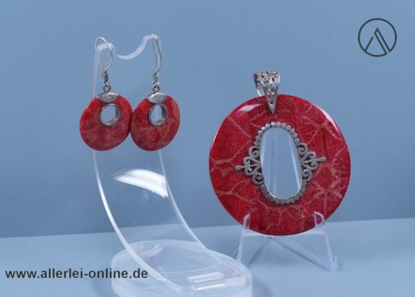Korallen Set - Silberanhänger mit Ohrringen | 925er Sterling Silber | Silberschmuck