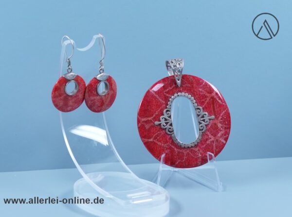 Korallen Kettenanhänger Silberanhänger mit Ohrringen | 925er Sterling Silber | Silberschmuck