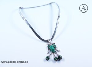 Malachit Edelstein Anhänger mit Halskette - Halsreif | Taxco, Mexiko 925 Sterling Silber | Azteken-Maya-Krieger Silberschmuck