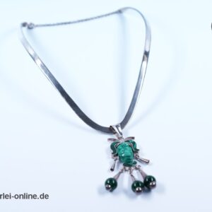 Malachit Edelstein Anhänger mit Halskette - Halsreif | Taxco, Mexiko 925 Sterling Silber | Azteken-Maya-Krieger Silberschmuck