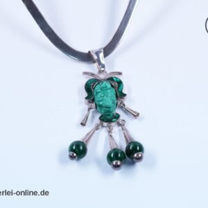 Malachit Edelstein Anhänger mit Halsreif | Taxco, Mexiko 925 Sterling Silber | Azteken-Maya-Krieger Silberschmuck