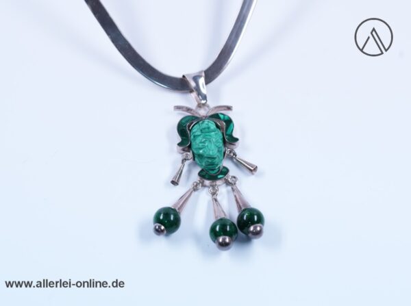 Malachit Edelstein Anhänger mit Halsreif | Taxco, Mexiko 925 Sterling Silber | Azteken-Maya-Krieger Silberschmuck