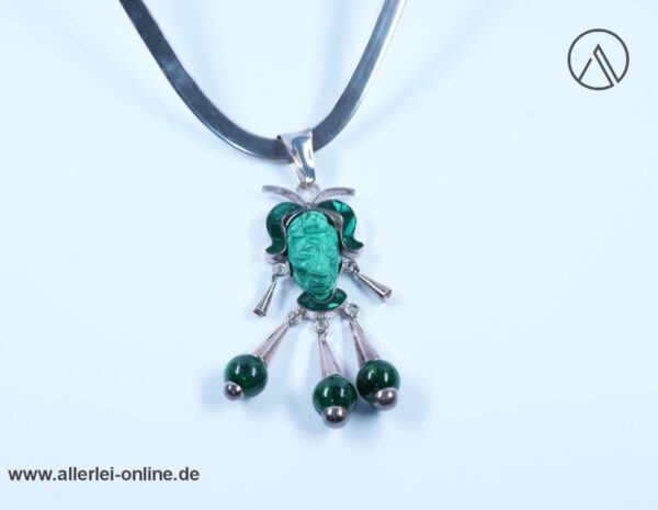 Malachit Edelstein Anhänger mit Halsreif | Mexico 925 Sterling Silber | Azteken Maya Silberschmuck