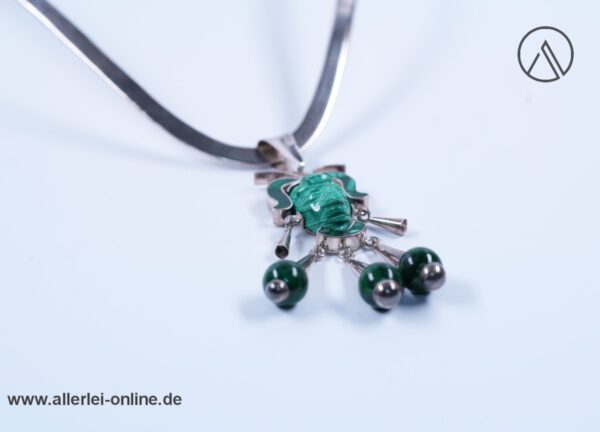 Malachit Edelstein Anhänger mit Halsreif | Mexico 925 Sterling Silber | Azteken Maya-Krieger Silberschmuck