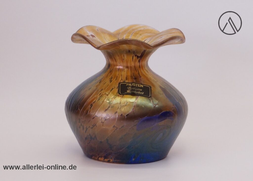 Austen Bodenmaisglas Bayrischer Wald | Glas Vase | Blumenvase | F. Austen Signiert | Gelb Blau Farbverschmelzungen | 12 cm