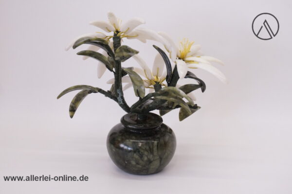 Herrlicher Jade Edelstein Bonsai | Blumen Bouquet | Jadeblätter mit Edelweißblüten hinten