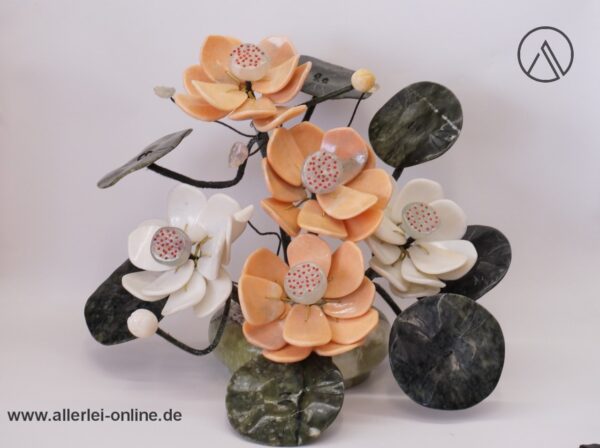 Jade Edelstein Bonsai | Blumen Bouquet | Jadeblätter mit Lotusblüten | weiß rosa