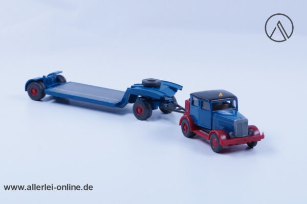 Vintage Wiking Modellauto | Hanomag ST 100 Tiefladezug | Veteran mit Tieflader | Blau | H0 - 1:87