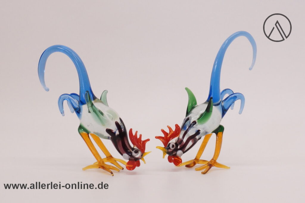 Buntes Glastier | Kampfhähne | Vintage Miniatur Glasfigur | Glaskunst Skulptur