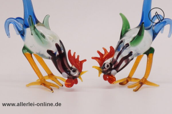 Buntes Glastier | Kampfhähne | Vintage Miniatur Glasfigur | Glaskunst