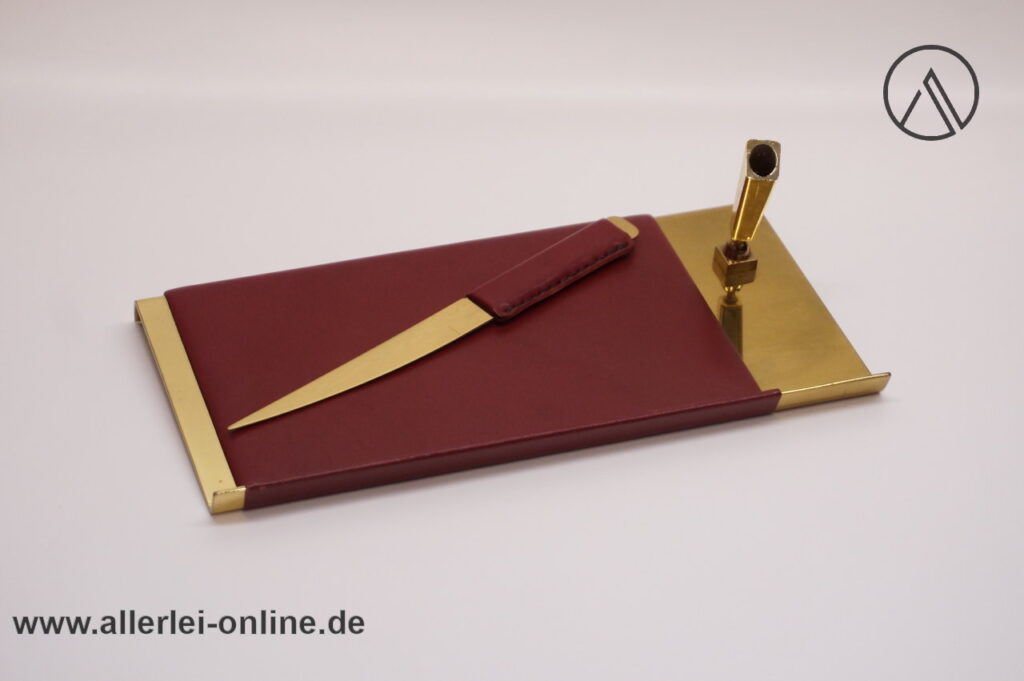 Edle Schreibtischgarnitur / Stiftablage mit Brieföffner | Vintage Messing/Leder Garnitur