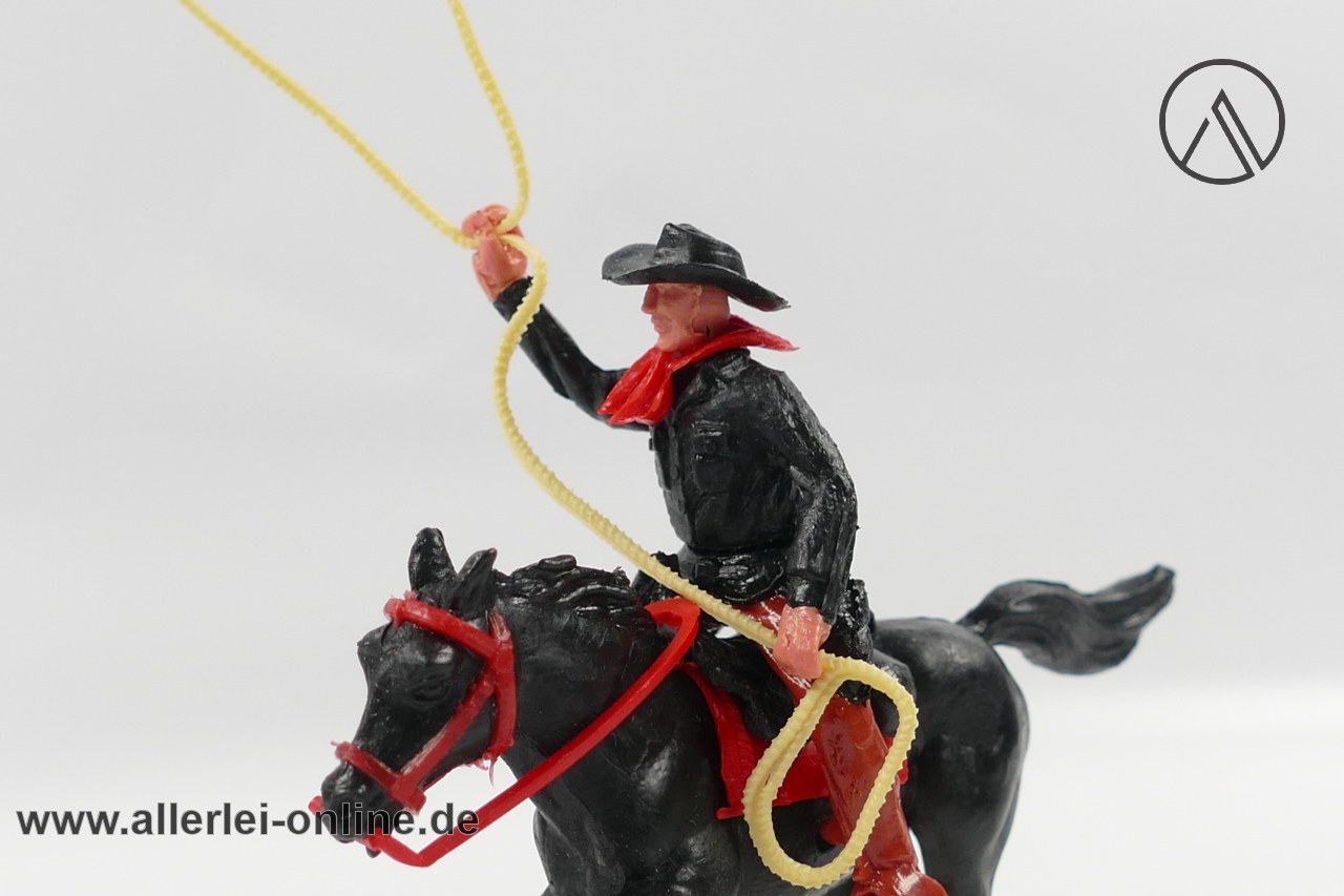 Timpo Toys | Cowboy zu Pferd mit Lasso | Vintage Timpo Toys Steckfigur nah Timpo Toys | Cowboy zu Pferd mit Lasso | Vintage Timpo Toys Steckfigur nah