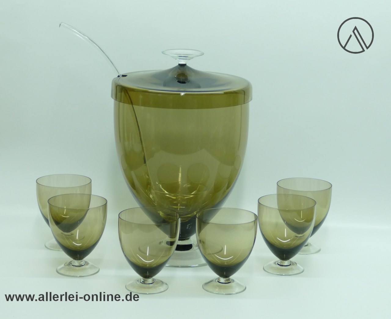 Rauchglas Bowle-Service mit 6 Rauchglas-Kelchgläsern und Kelle aus Glas | 50-60er Jahre Zwiesel Glas | Heinrich Löffelhardt Design Rauchglas Bowle-Service mit 6 Rauchglas-Kelchgläsern und Kelle aus Glas | 50-60er Jahre Zwiesel Glas | Heinrich Löffelhardt Design