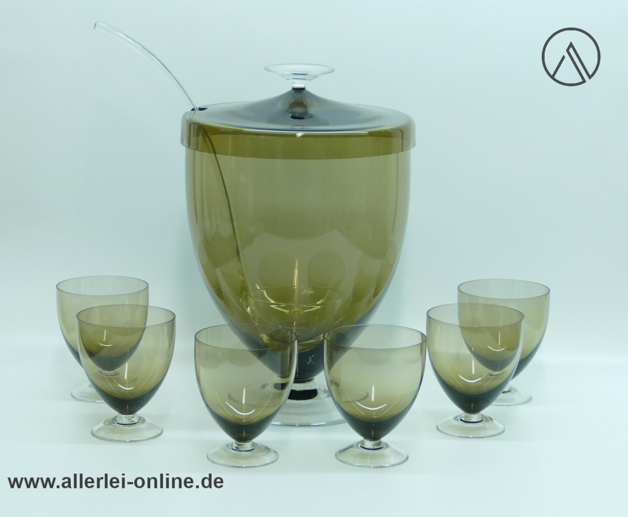 Rauchglas Bowle-Service mit 6 Rauchglas Gläser und Kelle aus Glas | 50-60er Jahre Zwiesel Glas | Heinrich Löffelhardt Design Rauchglas Bowle-Service mit 6 Rauchglas Gläser und Kelle aus Glas | 50-60er Jahre Zwiesel Glas | Heinrich Löffelhardt Design