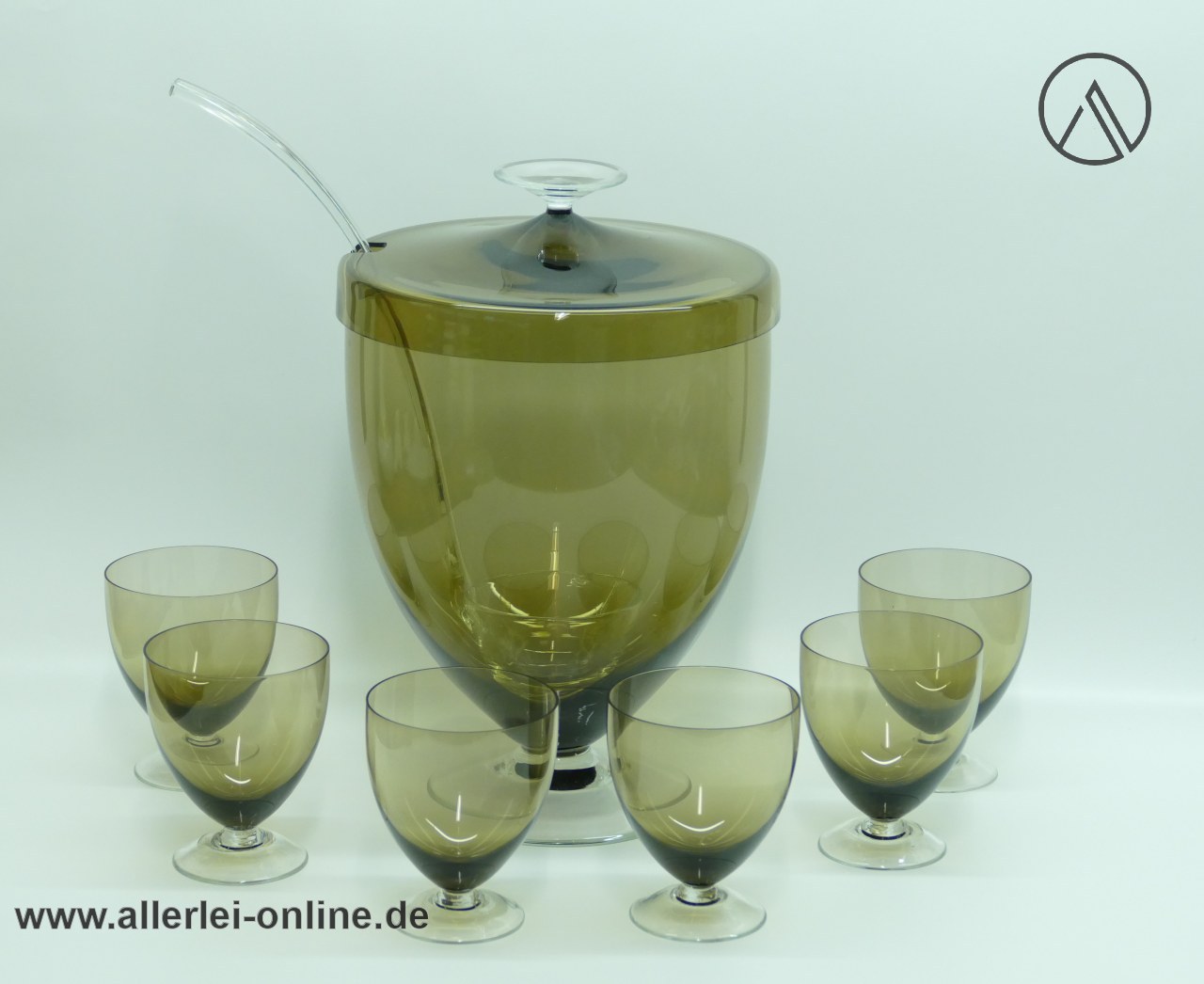 Rauchglas Bowle-Service mit 6 Gläsern und Kelle aus Glas | 50-60er Jahre Zwiesel Glas | Heinrich Löffelhardt - Wagenfeld Ära Rauchglas Bowle-Service mit 6 Gläsern und Kelle aus Glas | 50-60er Jahre Zwiesel Glas | Heinrich Löffelhardt - Wagenfeld Ära