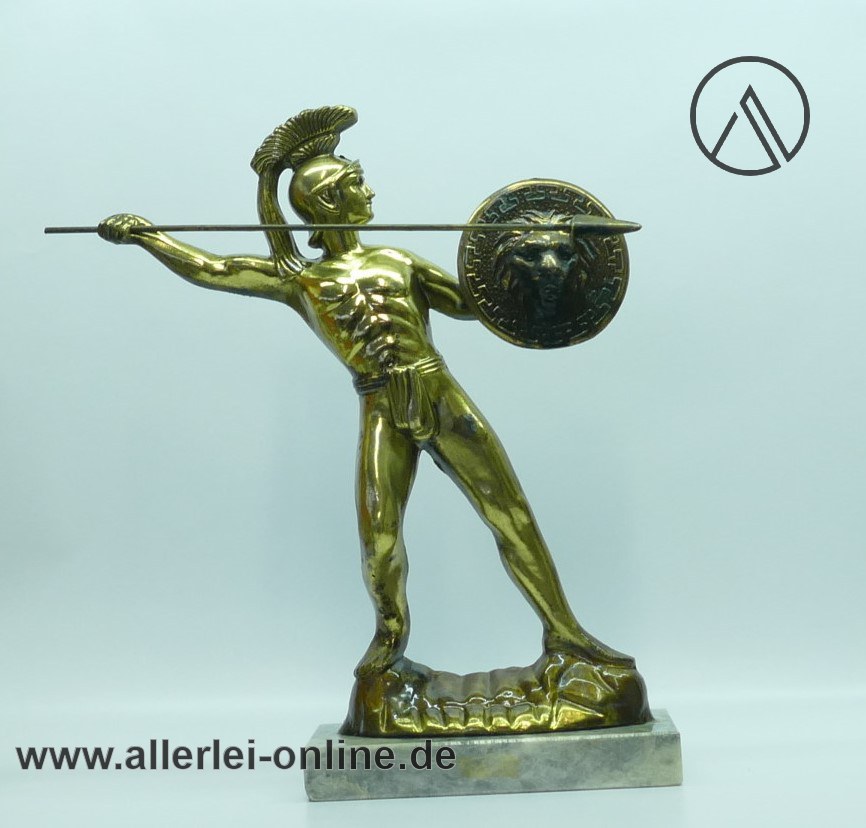 Leonidas von Sparta mit Speer und Schild | Vintage 40 cm Hellenic Art Statue auf Marmorsockel