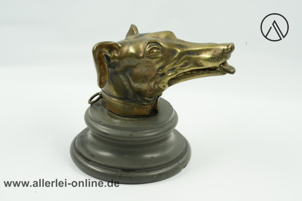 Greyhound Bronze / Messing Hundekopfbüste auf Sockel | Antiker Figürlicher Taschenuhr Halter