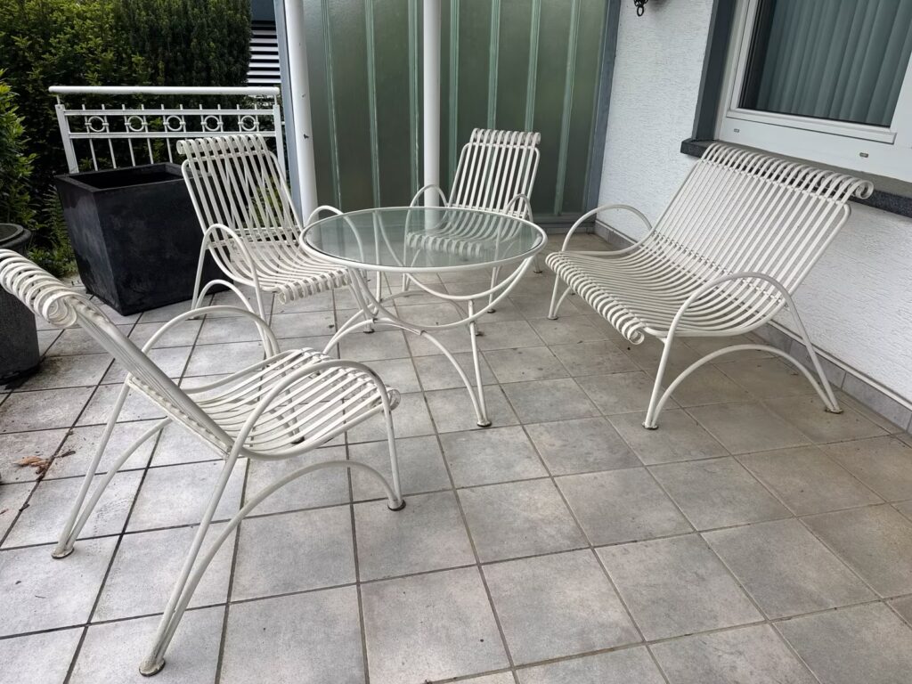 Vintage 60er Jahre EMU Gartenmöbel Set: Tisch, 3 Stühle & Sitzbank