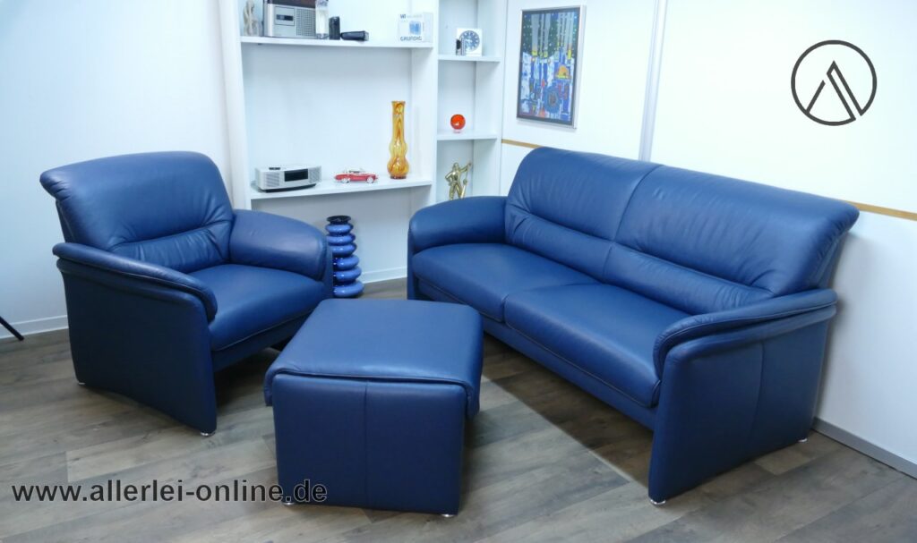 W.Schillig Zweisitzer Sofa mit Sessel + Hocker | Blau | Leder Sitzmöbel