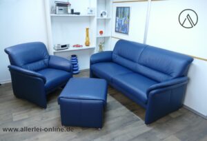 W. Schillig Ledersofa Sofa mit Sessel + Hocker | Blau | Leder Polstermöbel