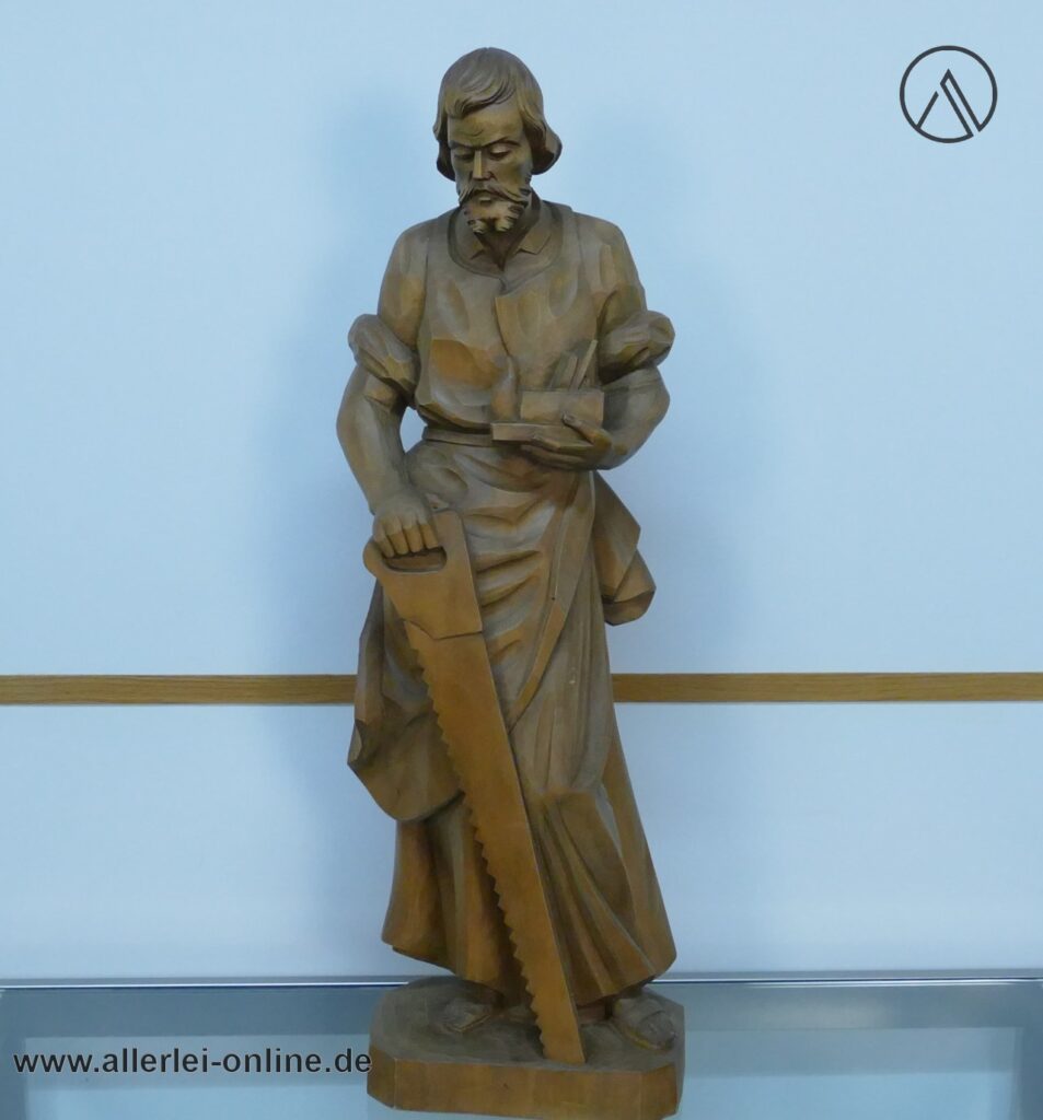 Handgeschnitzte Heiliger Josef Figur | 72 cm Zimmermann Holzfigur mit Hobel und Säge