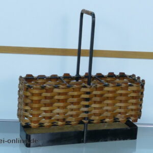 Vintage Flaschenkorb | Flaschenhalter Korb mit Geflecht aus Holzfurnier | Mid Century 50-60er Jahre Designklassiker