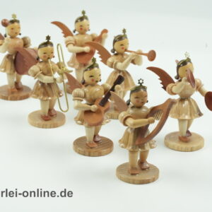 Alte Erzgebirge Figuren | 7 Stk. Blank Grünhainichen Faltenrockengel | Musizierende Engel - Kurzrockengel mit Glockenrock