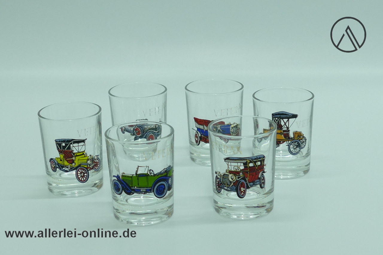 Schnapsgläser mit Oldtimer Motiven | Veteran Schnapsglas-Set | Vintage Rockabilly 60er Jahre Gläser Schnapsgläser mit Oldtimer Motiven | Veteran Schnapsglas-Set | Vintage Rockabilly 60er Jahre Gläser