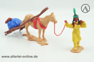 Timpo Toys | Travois mit Indianerin (Pferd beige, Gepäck blau Geschirr rot) | Vintage Timpo Toys Steckfigur