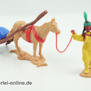 Timpo Toys | Travois mit Indianerin (Pferd beige, Gepäck blau Geschirr rot) | Vintage Timpo Toys Steckfigur