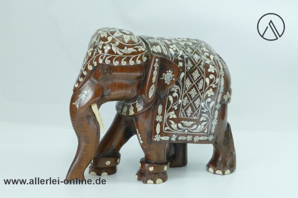 Hartholz Ebenholz / Palisander - Elefant | filigranen Intarsien aus Knochen | Handgeschnitzt Massivholz 22 cm