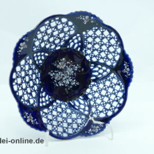 SUMI Porzellan | Made in Romania | Zierschale Durchbruchschale | Kobaltblau mit Blumenbouquet weiß Signiert J. Gombar5