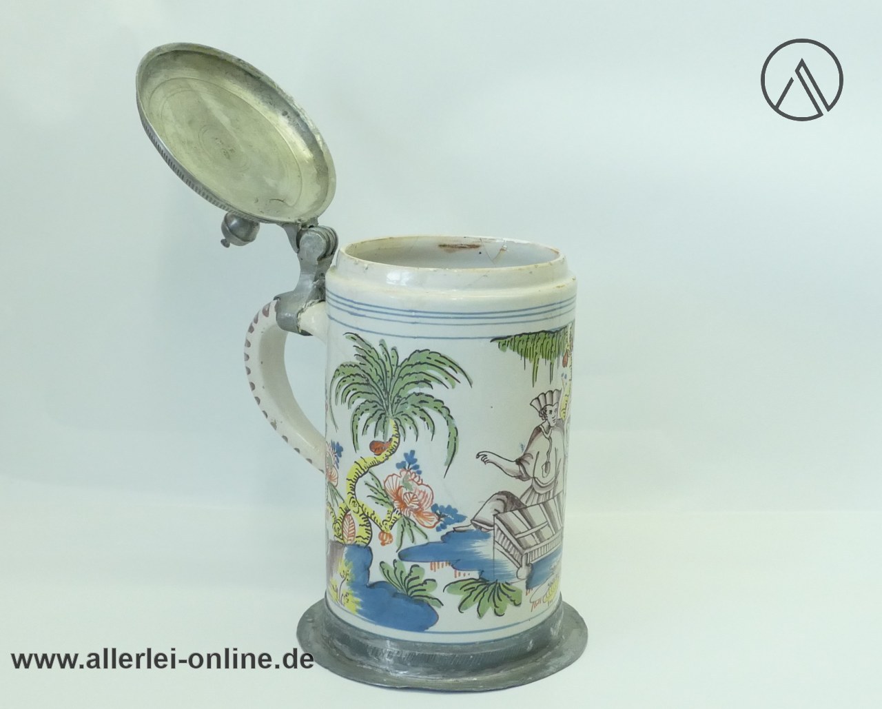 Fayence Krug Walzenkrug Erfurt | Salzglasiert | Handbemalt - Zinndeckel Signiert mit ABB 1733 Fayence Krug Walzenkrug Erfurt | Salzglasiert | Handbemalt - Zinndeckel Signiert mit ABB 1733