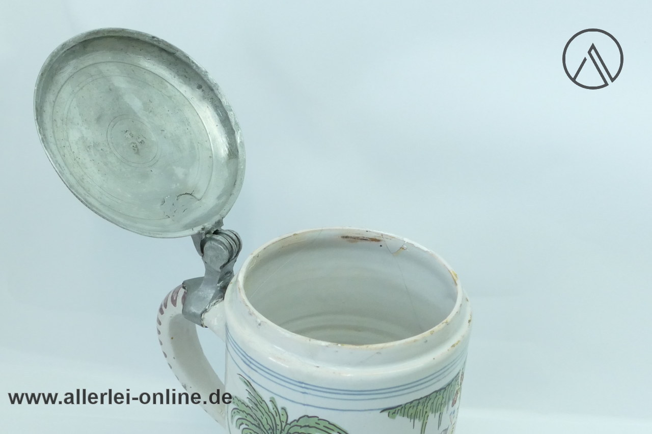 Fayence Krug Walzenkrug Erfurt | Salzglasiert | Handbemalt - Zinndeckel Signiert ABB 1733 Fayence Krug Walzenkrug Erfurt | Salzglasiert | Handbemalt - Zinndeckel Signiert ABB 1733
