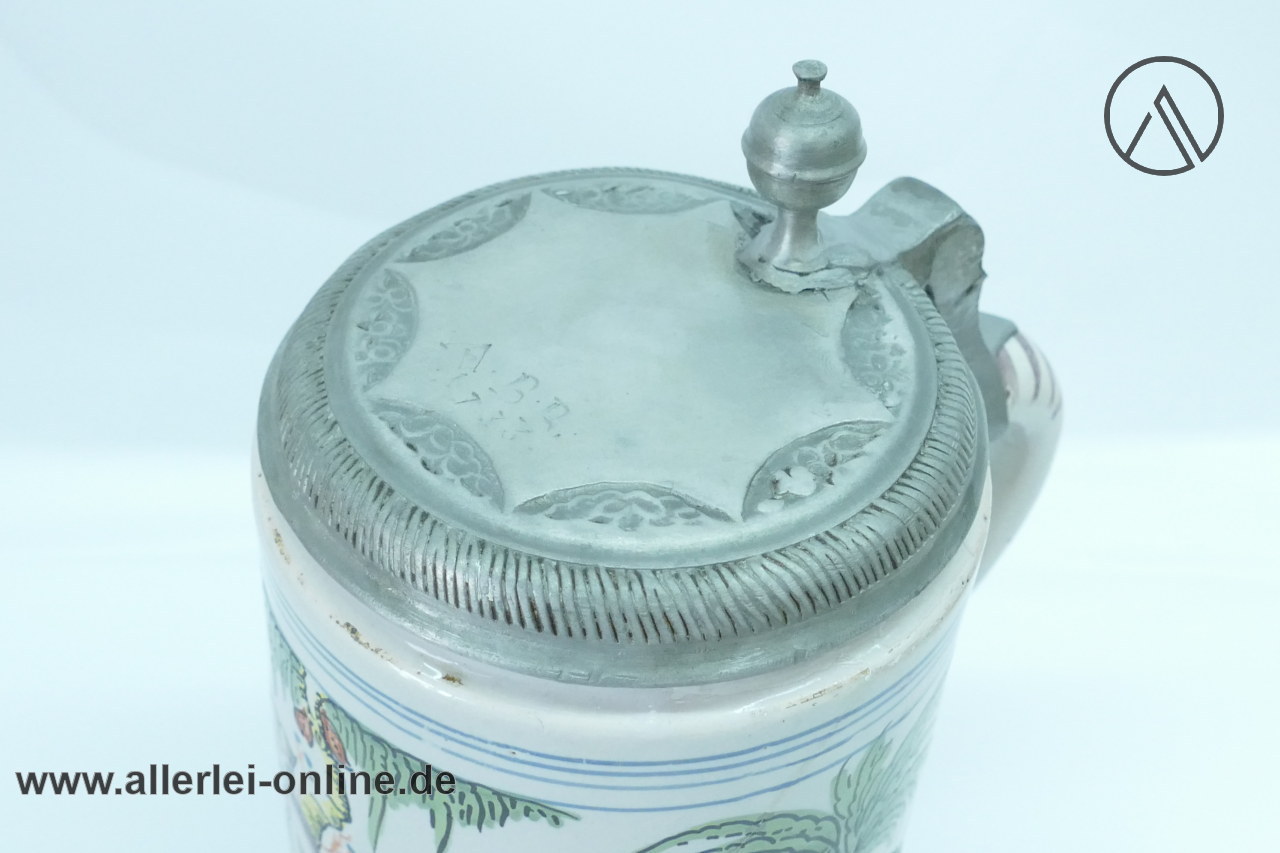 Fayence Krug Walzenkrug Erfurt | Salzglasiert | Handbemalt - Zinndeckel Signiert ABB 1733-3 Fayence Krug Walzenkrug Erfurt | Salzglasiert | Handbemalt - Zinndeckel Signiert ABB 1733-3