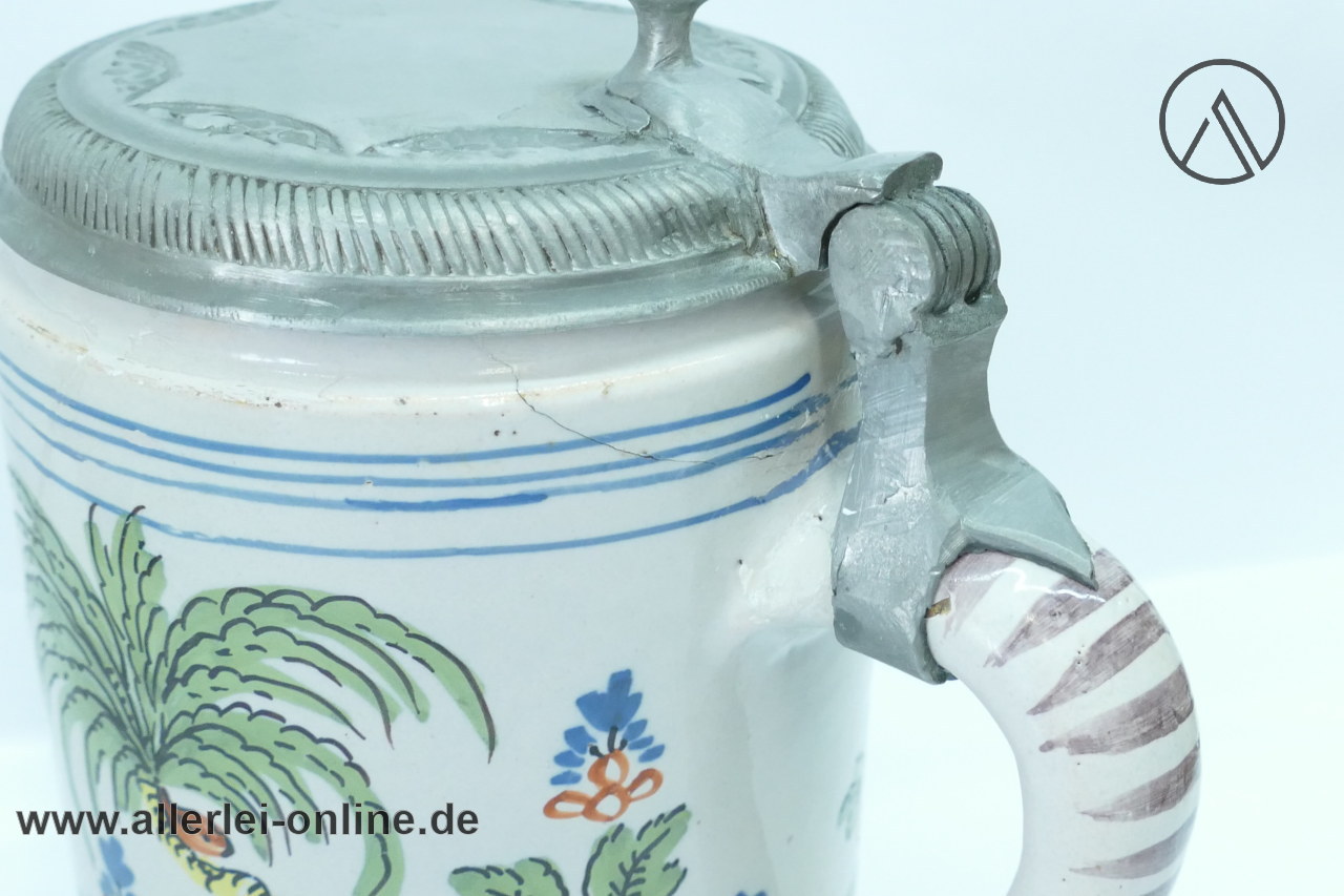 Fayence Krug Walzenkrug Erfurt | Salzglasiert | Handbemalt - Zinndeckel Fayence Krug Walzenkrug Erfurt | Salzglasiert | Handbemalt - Zinndeckel