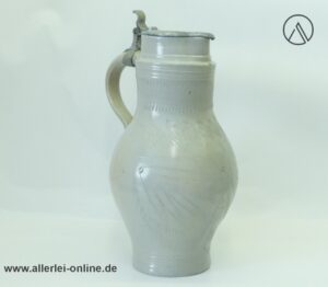 Birnkrug Steingut Humpen um 1850 | Salzglasur Mostkrug - Bembel mit Zinndeckel Dekor geritzt