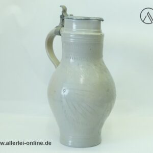 Birnkrug Steingut Humpen um 1850 | Salzglasur Mostkrug - Bembel mit Zinndeckel Dekor geritzt