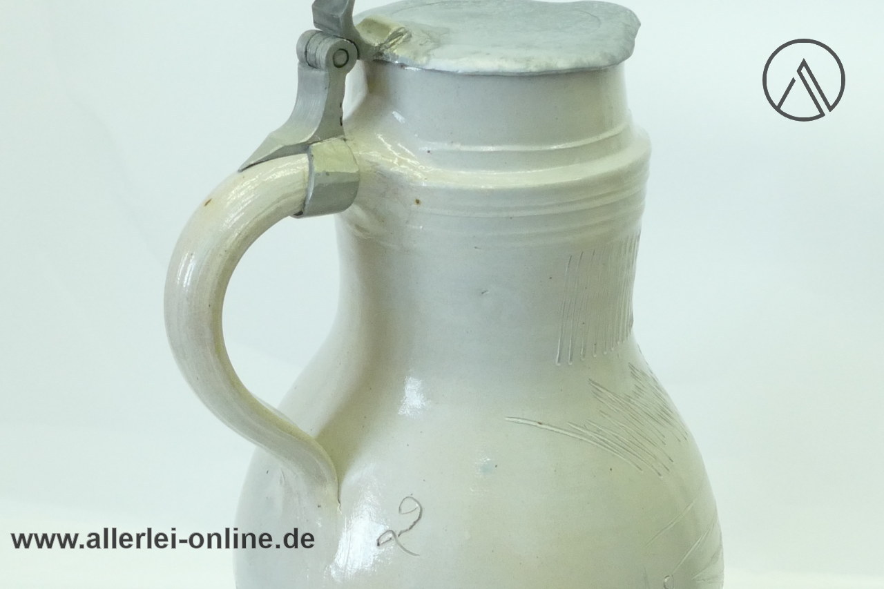 Birnkrug Steingut Humpen um 1850 | Salzglasur Mostkrug - Bembel mit Zinndeckel geritzt 1 Birnkrug Steingut Humpen um 1850 | Salzglasur Mostkrug - Bembel mit Zinndeckel geritzt 1