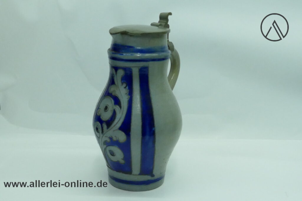 Westerwälder Steingutkanne um 1850 | Salzglasur Steinzeugkrug - Mostkrug mit Zinndeckel