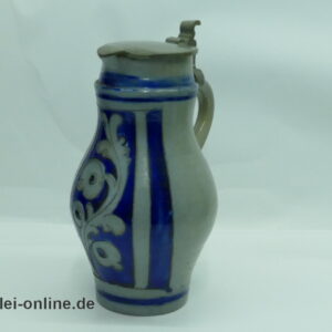 Westerwälder Steingutkanne um 1850 | Salzglasur Steinzeugkrug - Mostkrug mit Zinndeckel