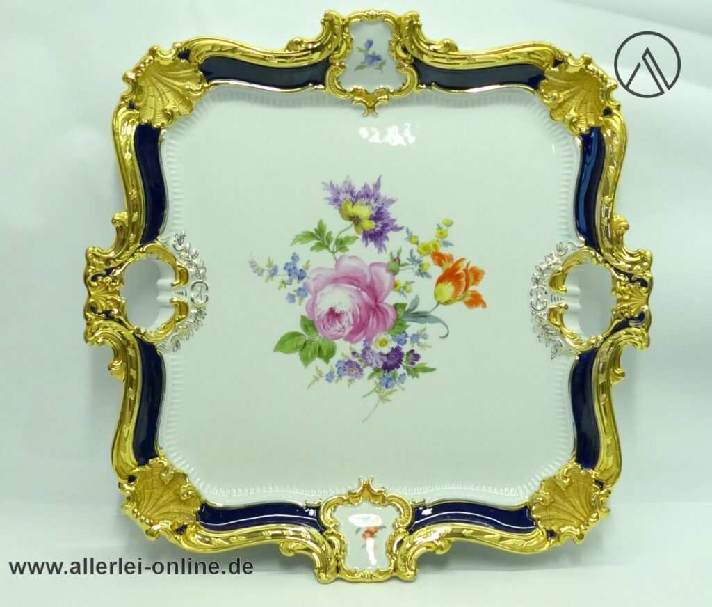 Meissen Porzellan Prunktablett | Ernst August Leuteritz für Meissen | Rokoko-Dekor Serviertablett - Prunkplatte Royal Kobalt Blau mit Blumenbukett