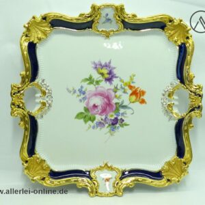Meissen Porzellan Prunktablett | Ernst August Leuteritz für Meissen | Rokoko-Dekor Serviertablett - Prunkplatte Royal Kobalt Blau mit Blumenbukett
