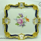 Meissen Porzellan Prunktablett | Meissen Rokoko-Dekor Serviertablett Royal Kobalt Blau mit Blumenbukett