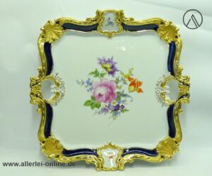 Meissen Porzellan Prunktablett | Meissen Rokoko-Dekor Serviertablett Royal Kobalt Blau mit Blumenbukett