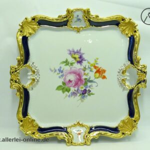 Meissen Porzellan Prunktablett | Meissen Rokoko-Dekor Serviertablett Royal Kobalt Blau mit Blumenbukett