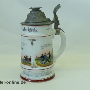 Porzellan Bierkrug mit Zinndeckel | Feldartillerie-Regiment Nr. 15 Saarburg Reservistenkrug | Gefr.Walter 1894-97 | Porzellan Boden mit Lithophanie
