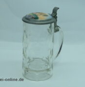 Biedermeier Krug | Glaskrug mit Zinndeckel und Porzellaneinlage-Deckel mit Pferd